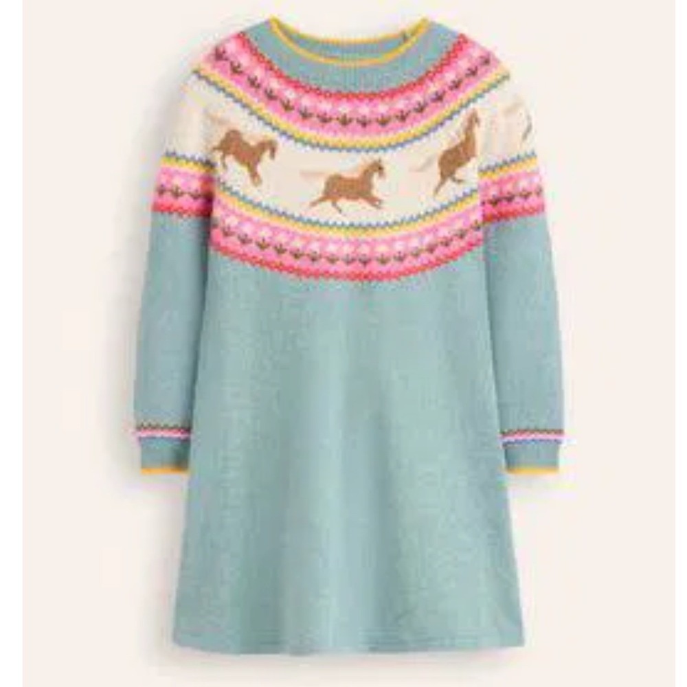 Mini Boden Blue Horse Fair Isle Knit Sweater Dress 11-12 Wool Alpaca Equestrian